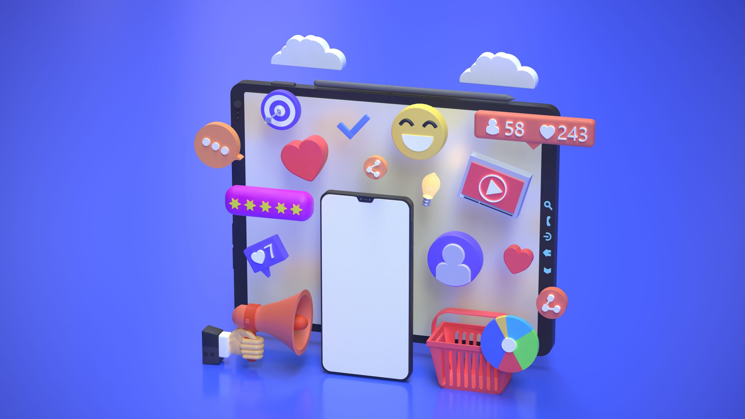 Image 3D reprensentant les réseaux sociaux pour le site de Emmanuel Mouanga-Zou graphiste sur lyon